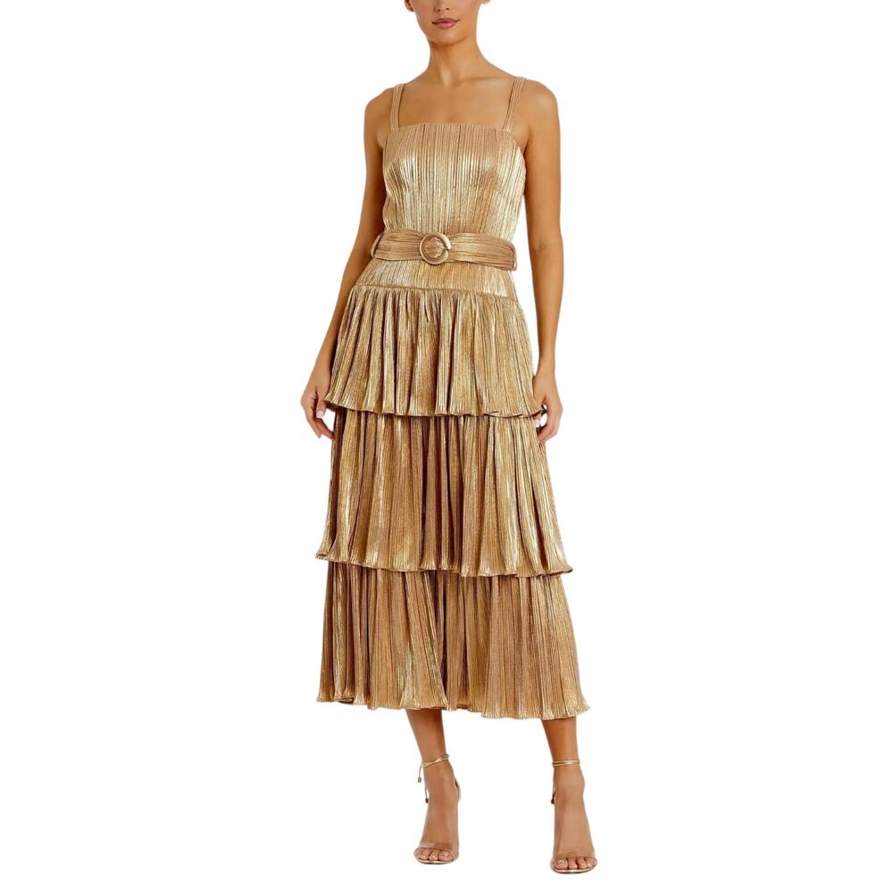 Mac Duggal 27062 Metallic Pleated A-Line Midi Cocktail Dress Gold Size 4